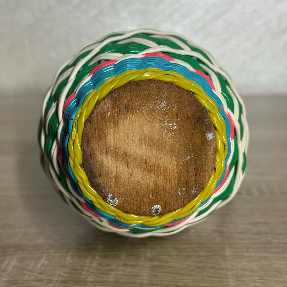 Vintage Spain Wine Bottle Plastic Woven Wicker Metal Handle